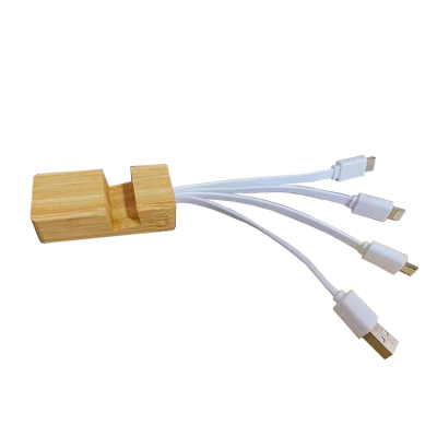 PE05 3-in-1 ECO Bamboo Charging Cable with phone stand & Keyring