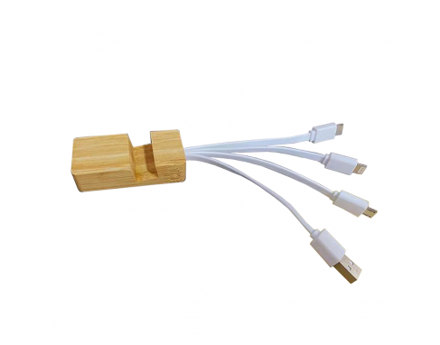 PE05 3-in-1 ECO Bamboo Charging Cable with phone stand & Keyring